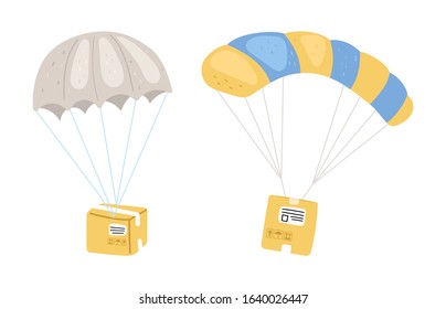 Parcels with parachute. Express smart delivery metaphor. Isolated boxes flying vector illustration