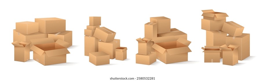 Parcels pile, isolated cardboard boxes with tapes, stack of open and closed paper containers for goods and orders. Vector mail and postal service, delivery and transportation mockup on package