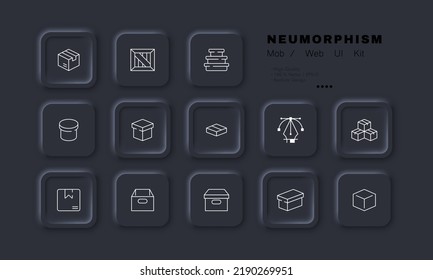 Parcels set icon. Deliver, delivery, logistics, box, package, cardboard, purchase, buy, courier, packing. Shipping concept. Neomorphism style. Vector line icon for Business and Advertising.