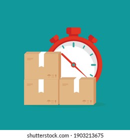 Parcels stack with red stopwatch or scales. Delivery box weight, package service, fast transportation, container. Receive, send and transfer products.  Vector flat illustration