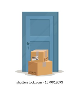 Parcels standing near the door of house. Door to door delivery service. Home delivery. Advertising banner. Business vector illustration, flat design, cartoon style. Isolated on white background.