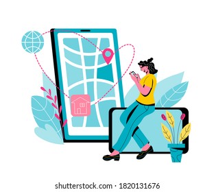 Parcels tracking concept with woman monitoring her order location.  Worldwide logistic  and delivery tracking for website or app, flat cartoon vector illustration isolated.