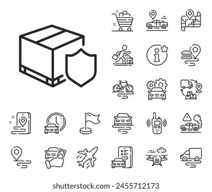 Parcels tracking sign. Plane, supply chain and place location outline icons. Delivery insurance line icon. Shipping box symbol. Delivery insurance line sign. Taxi transport, rent a bike icon. Vector