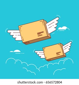 Parcels with wings flying in sky. Concept for delivery service. Line flat design colorful vector illustration