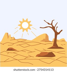 A parched desert landscape under a scorching sun features a lone, leafless tree and cracked dry earth, symbolizing drought and climate change.