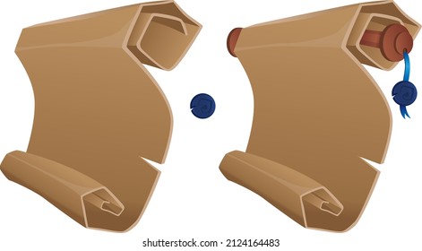 Pergamentbanner, Scrollpapier im Cartoon-Stil einzeln auf weißem Hintergrund. Ui Spiel Asset Design. Leeres Papyrus, antike, leere Vektorgrafik.