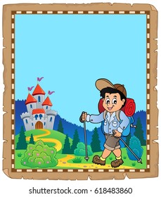 Parchment with boy hiking near castle - eps10 vector illustration.