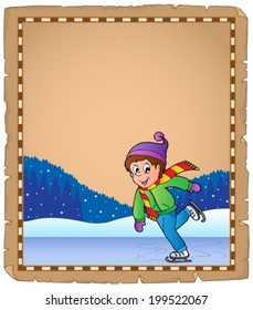 Parchment with boy skating on ice - eps10 vector illustration.