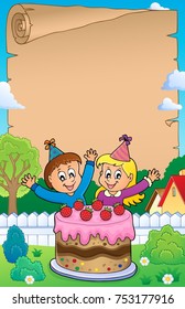 Parchment with cake and kids celebrating - eps10 vector illustration.