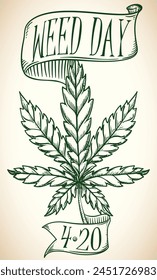 Parchment with with cannabis leaf and ribbons in hand drawn style to celebrate Weed Day or 4 20.