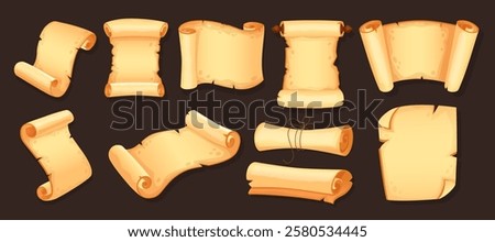 Parchment cartoon. Papyrus paper, scroll, ancient treasure roll. Game icon, manuscript map, old medieval blank torn Torah. Antique document pages. Vector card made of aged tidy wood isolated set