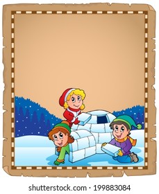 Parchment with children and igloo - eps10 vector illustration.