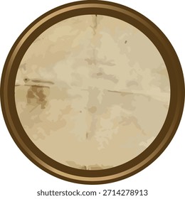 Círculo de pergamino con grano desgastado, mancha áspera y borde desgastado dentro de un borde de anillo. Símbolo de la edad, mapa del tesoro, sensación antigua, historia y artesanía vintage. Ilustración vectorial de dibujos animados.