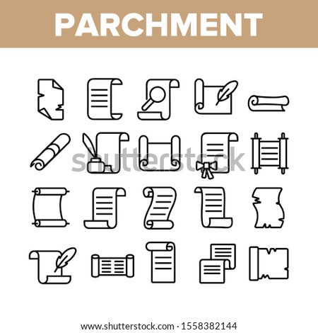 Parchment Collection Elements Icons Set Vector Thin Line. Parchment And Scrolls, Education Diploma And Magic Paper With Feather Concept Linear Pictograms. Monochrome Contour Illustrations