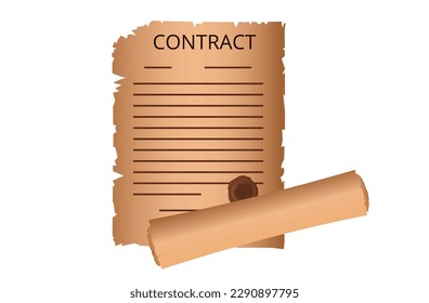 Parchment contract, old paper document. Papyrus page, treaty, agreement. Rolled up important business document. Ancient, handwritten scroll. Making a deal, partnership, contract page. Vector.