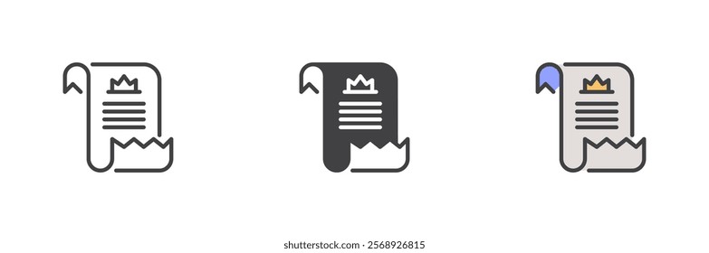 Parchment with a crown icon. Diploma certificate line and glyph version, outline and filled vector sign. linear and full pictogram. Symbol, logo illustration. Different style icons set