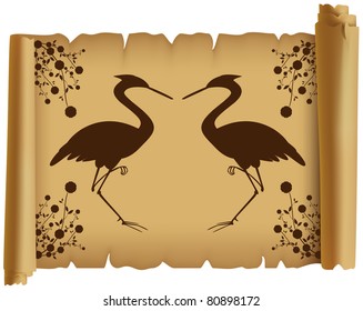 Parchment with dancing silhouettes of two birds on the background of the branches of wild cherry
