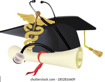 parchment degree certificate with hat and stethoscope