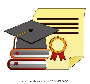 parchment diploma and hat graduation with books