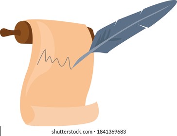 Parchment with feather, illustration, vector on white background