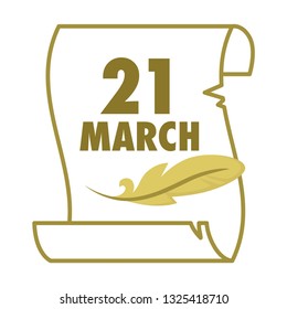 Parchment and feather literacy spring holiday isolated icon 21 march paper sheet and writing tool wisdom and knowledge literacy and poetry manuscript ancient lettering celebration and appreciation