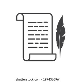 Parchment with a feather. Paper scroll with feather pen icon thin line for web and mobile.