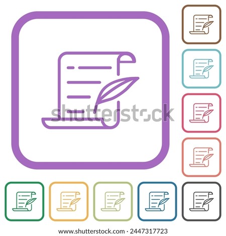 Parchment feather pen outline simple icons in color rounded square frames on white background