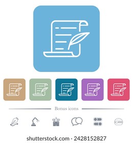 Parchment feather pen outline white flat icons on color rounded square backgrounds. 6 bonus icons included
