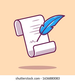 Parchment And Feather Pen Vector Icon Illustration. Feather Pen Writting On Paper. Tool Icon Concept White Isolated. Flat Cartoon Style Suitable for Web Landing Page, Banner, Flyer, Sticker, Card