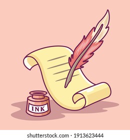 Parchment And Feather Pen Vector Icon Illustration. Feather Pen Writing On Paper. Tool Icon Concept White Isolated on Pink Background