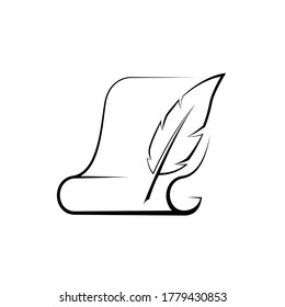 Parchment and feather pen. Feather pen writting on paper. Paper scroll and feather. Vector illustration.