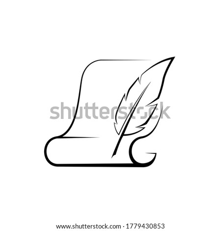 Parchment and feather pen. Feather pen writting on paper. Paper scroll and feather. Vector illustration.