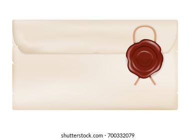 Parchment folded with seal wax. Vector 3d illustration isolated on white background
