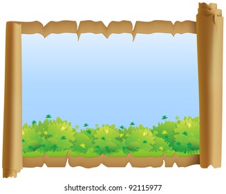 Parchment with green meadow, lush bushes and blue sky