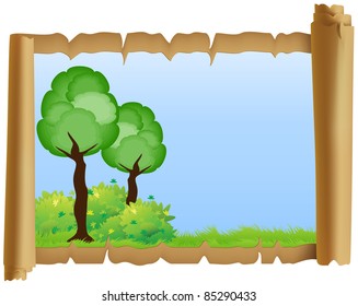 Parchment with green meadow, tree, bushes and blue sky