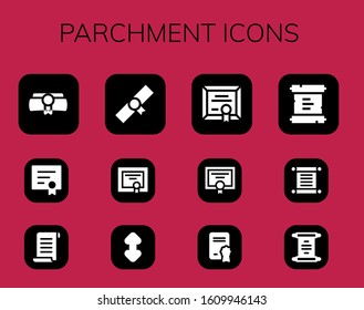 parchment icon set. 12 filled parchment icons.  Simple modern icons such as: Diploma, Papyrus, Scroll, Torah