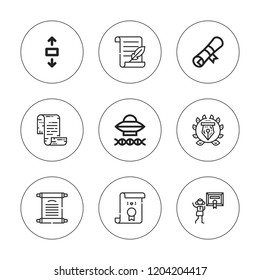 Parchment icon set. collection of 9 outline parchment icons with ancient aliens, diploma, papyrus, scroll icons. editable icons.