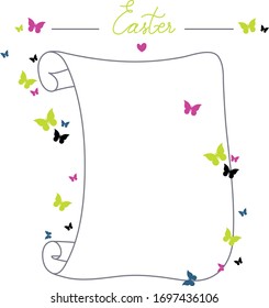 Parchment illustration with colorful butterflies and lettering "Easter". Can be used for invitations, greeting cards, postcards, print products