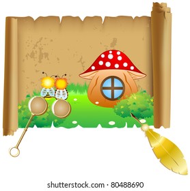 Parchment with incomplete picture of the two bees, house and located on it glasses and pen