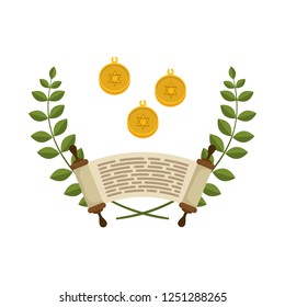 parchment of Jewish law and medals hanging