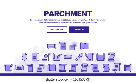 Parchment Landing Web Page Header Banner Template Vector. Parchment And Scrolls, Education Diploma And Magic Paper With Feather Illustration