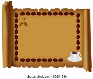 Parchment located on him coffee beans and a drink in a white cup and saucer