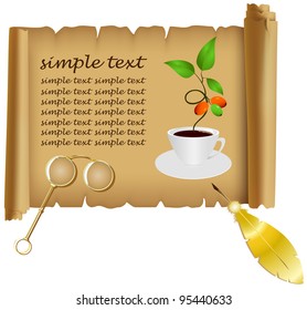 Parchment with lorgnette, gold feather and cup coffee
