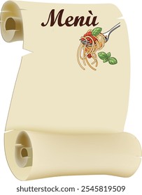 Parchment menu template featuring a fork with spaghetti and tomato sauce, creating an elegant and traditional culinary theme