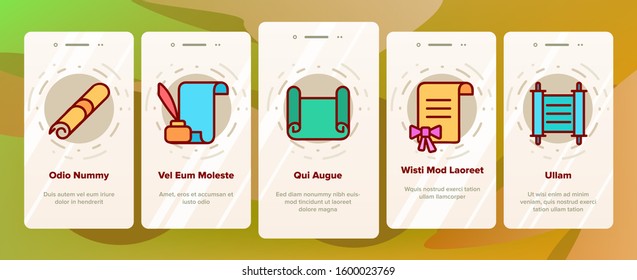 Parchment Onboarding Mobile App Page Screen Vector. Parchment And Scrolls, Education Diploma And Magic Paper With Feather Illustrations