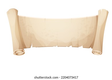 Parchment paper ancient old scroll, page empty medieval letter in cartoon style isolated on white background. Game asset, grunge frame, manuscript.