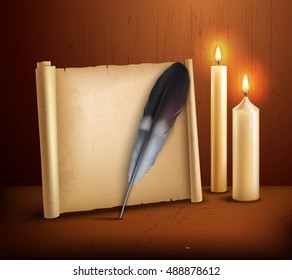 Parchment paper with feather and burning candles realistic aged style poster with wooden background vector illustration 