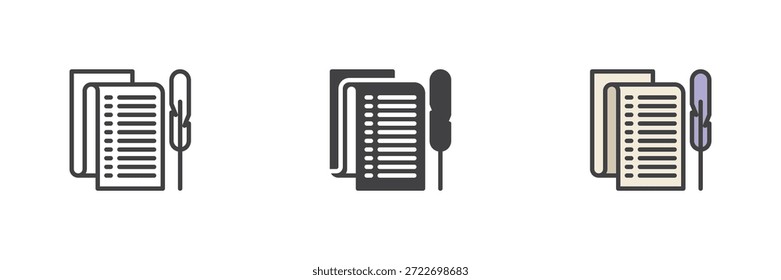 Parchment paper with feather pen different style icon set. Line, solid and filled outline color vector sign and symbol. Vintage writing icon pack for literature, history and document icon use.