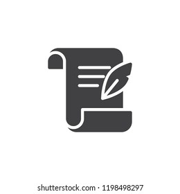 Parchment paper with feather vector icon. filled flat sign for mobile concept and web design. Literature simple solid icon. Writing symbol, logo illustration. Pixel perfect vector graphics