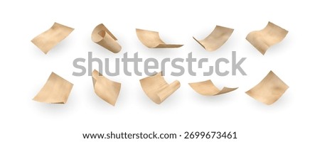 Parchment paper flying. Realistic fly kraft paper sheet. Vintage curled brown page. Retro letter or note mockup floating in air. Vector illustrations set isolated. Dynamic scattered document